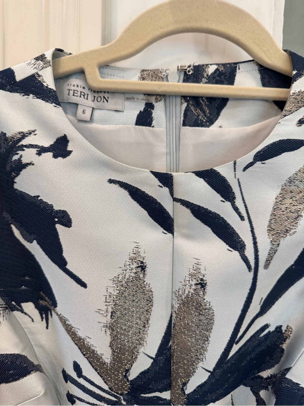 Teri Jon Navy & Silver Floral Jacquard Sheath Dress